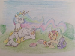 Size: 800x597 | Tagged: safe, artist:fallenangel5414, character:princess celestia, character:spike, character:sunset shimmer, species:alicorn, species:pony, species:unicorn, shimmerverse, alternate universe, book, filly, filly sunset shimmer, momlestia, outdoors, traditional art, younger
