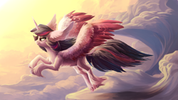 Size: 1366x768 | Tagged: safe, artist:locksto, character:twilight sparkle, character:twilight sparkle (alicorn), species:alicorn, species:classical unicorn, species:pony, bedroom eyes, chest fluff, cloud, cloudy, cloven hooves, ear fluff, female, fluffy, flying, impossibly large ears, leonine tail, mare, sky, smiling, solo, spread wings, unshorn fetlocks, wallpaper, wings