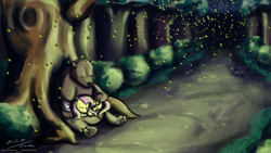 Size: 1920x1080 | Tagged: safe, artist:esuka, character:fluttershy, bear, firefly