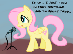 Size: 700x512 | Tagged: safe, artist:ambrosebuttercrust, character:fluttershy, female, microphone, pun, solo, stand-up comedy