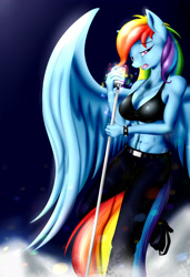Size: 2500x3648 | Tagged: safe, artist:bludraconoid, character:rainbow dash, species:anthro, species:unguligrade anthro, abs, belly button, breasts, busty rainbow dash, cleavage, clothing, female, microphone, solo
