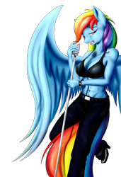 Size: 1280x1868 | Tagged: safe, artist:bludraconoid, character:rainbow dash, species:anthro, species:unguligrade anthro, abs, belly button, breasts, busty rainbow dash, cleavage, female, microphone, midriff, simple background, solo, transparent background