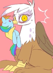 Size: 499x692 | Tagged: safe, artist:susu, character:gilda, character:rainbow dash, species:griffon, blushing, caught, cute, female, frown, implied gildash, implied lesbian, implied shipping, looking at you, nuzzling, plushie, sitting, solo, sweat, sweatdrop, wide eyes