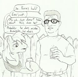 Size: 915x902 | Tagged: safe, artist:joelashimself, character:big mcintosh, species:earth pony, species:human, species:pony, alcohol, bandana, beer, can, clothing, crossover, fence, glasses, hank hill, hoof hold, jeans, king of the hill, male, pants, stallion