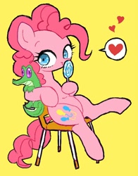 Size: 486x620 | Tagged: safe, artist:susu, character:gummy, character:pinkie pie, species:earth pony, species:pony, chair, cute, dialogue, diapinkes, female, heart, hoof hold, lollipop, mare, simple background, sitting, solo, speech bubble, yellow background