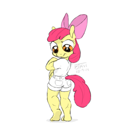 Size: 500x500 | Tagged: safe, artist:drjavi, character:apple bloom, species:anthro, species:plantigrade anthro, apple brawn, barefoot, feet, female, muscles, solo