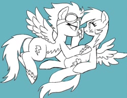 Size: 906x700 | Tagged: safe, artist:susu, character:rainbow dash, character:spitfire, species:pegasus, species:pony, ship:spitdash, blushing, clothing, female, lesbian, monochrome, shipping, simple background, smiling, spread wings, uniform, wings, wonderbolts, wonderbolts uniform