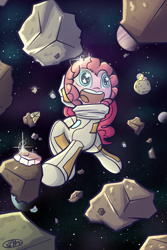 Size: 1400x2100 | Tagged: safe, artist:spikedmauler, character:fluttershy, character:pinkie pie, astronaut, female, solo, space, space suit, wingding eyes