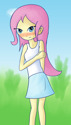 Size: 686x1200 | Tagged: safe, artist:liggliluff, character:fluttershy, species:human, blushing, clothing, female, humanized, skirt, solo, tank top