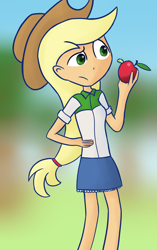 Size: 754x1200 | Tagged: safe, artist:liggliluff, character:applejack, my little pony:equestria girls, apple, apple worm, caterpillar, clothing, female, hat, humanized, skirt, solo