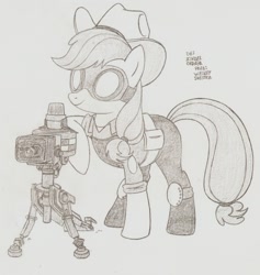 Size: 1115x1176 | Tagged: safe, artist:creamygravy, character:applejack, cosplay, crossover, engineer, female, monochrome, solo, team fortress 2, traditional art, turret