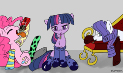 Size: 1295x768 | Tagged: safe, artist:thattagen, character:pinkie pie, character:rarity, character:twilight sparkle, species:pony, chest fluff, clothing, couch, fainting couch, pocky, socks, sockypockytwi, striped socks