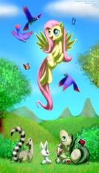 Size: 800x1400 | Tagged: safe, artist:drjavi, character:angel bunny, character:fluttershy, oc, species:bird, butterfly, flying