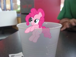 Size: 2592x1944 | Tagged: safe, artist:reginault, artist:tokkazutara1164, character:pinkie pie, species:human, species:pony, burger king, cup, cup of pony, irl, micro, packet, pepper, photo, ponies in real life, restaurant, solo, table, vector, water