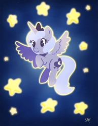 Size: 500x647 | Tagged: dead source, safe, artist:steveholt, character:princess luna, species:alicorn, species:pony, cutie mark, female, filly, flying, foal, hooves, horn, jewelry, outline, regalia, s1 luna, solo, spread wings, three quarter view, tiara, wings, woona, younger
