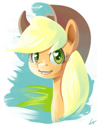 Size: 761x1000 | Tagged: safe, artist:lexx2dot0, character:applejack, ear fluff, female, portrait, simple background, smiling, solo