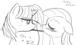 Size: 1300x768 | Tagged: safe, artist:thattagen, character:fluttershy, character:twilight sparkle, ship:twishy, female, lesbian, monochrome, pocky, pocky game, shipping, sketch, sockypockytwi