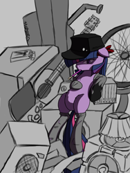 Size: 1200x1600 | Tagged: safe, artist:thattagen, character:twilight sparkle, arcade, blank flank, chest fluff, clothing, companion cube, guitar, hat, minamimoto sho, missing cutie mark, pocky, socks, sockypockytwi, speakers, the world ends with you, wat