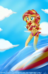 Size: 3000x4598 | Tagged: safe, artist:vixelzf, character:sunset shimmer, my little pony:equestria girls, belly button, bikini, clothing, female, solo, surfboard, surfing, swimsuit