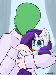 Size: 1600x2133 | Tagged: safe, artist:acharmingpony, character:rarity, oc, oc:anon, species:human, species:pony, baby bottle, cuddling, cute, ear fluff, filly, foal, holding, holding a pony, raribetes, snuggling