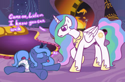 Size: 1253x829 | Tagged: safe, artist:sylph-space, character:princess celestia, character:princess luna, age regression, diaper, filly, foal, momlestia, woona