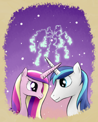 Size: 900x1119 | Tagged: safe, artist:ambrosebuttercrust, character:princess cadance, character:shining armor, species:alicorn, species:pony, species:unicorn, ask, ask toola roola, female, fireworks, horns are touching, looking at each other, male, mare, married couple, smiling, stallion, tumblr