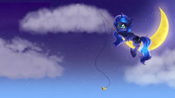 Size: 2560x1440 | Tagged: safe, artist:namefag.mp3, artist:rue-willings, edit, character:princess luna, crescent moon, female, fishing rod, moon, night, solo, tangible heavenly object, wallpaper, wallpaper edit
