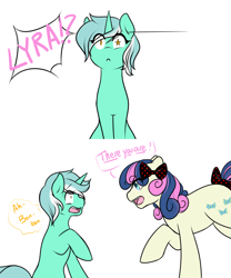 Size: 1280x1536 | Tagged: safe, artist:azure-doodle, character:bon bon, character:lyra heartstrings, character:sweetie drops, species:earth pony, species:pony, species:unicorn, bow, dialogue, looking at each other, open mouth, raised hoof, sexually confused lyra, simple background, tail bow, white background