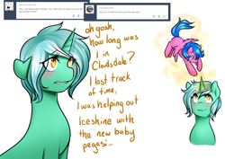 Size: 1280x904 | Tagged: safe, artist:azure-doodle, character:lyra heartstrings, oc, species:pegasus, species:pony, species:unicorn, dialogue, glowing horn, magic, sexually confused lyra, simple background, telekinesis, white background