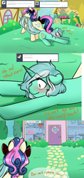 Size: 1280x2705 | Tagged: safe, artist:azure-doodle, character:bon bon, character:lyra heartstrings, character:sweetie drops, species:earth pony, species:pony, species:unicorn, blushing, bow, comic, dialogue, ponyville, sexually confused lyra, tail bow
