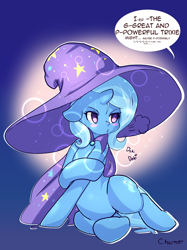 Size: 1280x1707 | Tagged: safe, artist:acharmingpony, character:trixie, species:pony, species:unicorn, blushing, cape, clothing, doki doki, female, great and powerful, hat, heart, mare, pouting, sitting, solo, third person, trixie's cape, trixie's hat, tsundere, tsunderixie