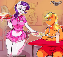 Size: 2500x2289 | Tagged: safe, artist:creamygravy, character:applejack, character:fluttershy, character:rarity, character:twilight sparkle, species:anthro, species:plantigrade anthro, ship:rarijack, bedroom eyes, big breasts, breakfast, breasts, busty applejack, busty rarity, carhop, cleavage, clothing, croissant, diner, egg (food), exclamation point, female, food, grin, lesbian, milkshake, miniskirt, raised leg, roller skates, sausage, shipping, shorts, skirt, smiling, tank top, waitress