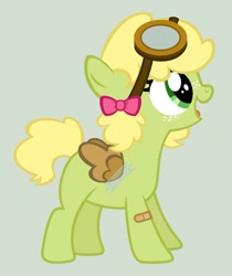 Size: 819x975 | Tagged: safe, artist:strawberry-spritz, oc, oc only, oc:sundance, parent:applejack, parent:soarin', parents:soarinjack, species:earth pony, species:pony, bandaid, bow, cardboard wings, cute, fake wings, female, filly, freckles, goggles, hair bow, ms paint, offspring, open mouth, simple background, smiling, solo, tape, weapons-grade cute