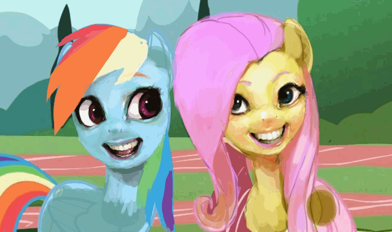 Size: 1280x759 | Tagged: safe, artist:shemhamferosh, edit, character:fluttershy, character:rainbow dash, episode:may the best pet win, g4, my little pony: friendship is magic, animated, creepy, faec, female, looking at you, nightmare fuel, scene interpretation, teeth, uncanny valley
