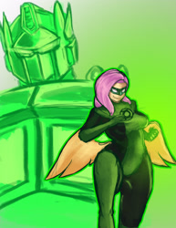 Size: 2550x3300 | Tagged: safe, artist:checkerboardazn, character:fluttershy, species:human, bodysuit, breasts, busty fluttershy, crossover, dc comics, female, green lantern, humanized, light skin, optimus prime, solo, transformers, winged humanization