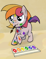 Size: 800x1017 | Tagged: safe, artist:ambrosebuttercrust, character:toola roola, g3, ask, ask toola roola, female, filly, g3betes, mouth hold, paint, paint on fur, paintbrush, solo, tumblr, younger