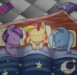Size: 1344x1311 | Tagged: safe, artist:cloureed, character:sunset shimmer, character:trixie, character:twilight sparkle, species:pony, species:unicorn, bed, blanket, blushing, counterparts, cute, diatrixes, eyes closed, filly, filly sunset shimmer, filly trixie, filly twilight sparkle, magical trio, on side, shimmerbetes, sleeping, sleepover, smiling, sunsleep shimmer, twiabetes, twilight's counterparts, young, younger