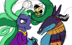 Size: 1024x646 | Tagged: safe, artist:toon-n-crossover, character:ahuizotl, character:daring do, character:mane-iac, ship:darizotl, ship:mane-zotl, ahuizotl gets all the mares, doodle, female, love triangle, male, shipping, shipping denied, sketch, straight