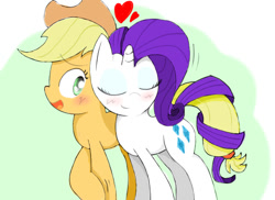 Size: 884x642 | Tagged: safe, artist:fromamida, character:applejack, character:rarity, species:earth pony, species:pony, species:unicorn, ship:rarijack, applejack's hat, clothing, cowboy hat, eyes closed, female, hat, heart, intertwined tails, lesbian, mare, open mouth, shipping, smiling