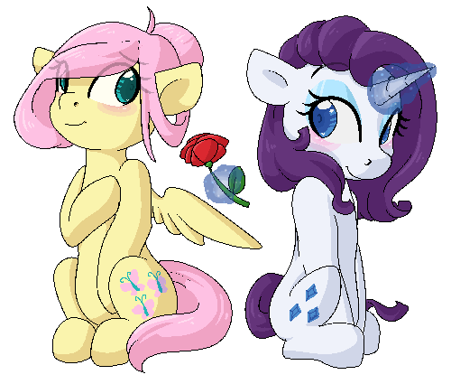 Size: 500x425 | Tagged: safe, artist:rue-willings, character:fluttershy, character:rarity, ship:rarishy, alternate hairstyle, animated, blinking, blushing, female, lesbian, levitation, magic, rose, shipping, wing twitch
