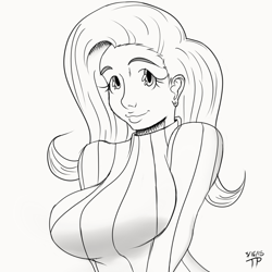 Size: 1000x1000 | Tagged: safe, artist:thethunderpony, character:fluttershy, species:human, big breasts, breasts, busty fluttershy, clothing, female, huge breasts, humanized, monochrome, smiling, solo, sweater, sweatershy