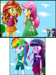 Size: 1877x2527 | Tagged: safe, artist:vixelzf, character:fluttershy, character:rainbow dash, character:sunset shimmer, character:twilight sparkle, character:twilight sparkle (alicorn), species:alicorn, my little pony:equestria girls, blushing, cleavage, clothing, dress, female, implied flutterdash, implied sunsetdash, implied sunsetsparkle, implied twishy, jealous, skirt