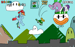 Size: 1920x1200 | Tagged: safe, artist:acharmingpony, character:rainbow dash, character:rarity, character:spike, bowser, bowspike, cap, cape, clothing, cloud, crossover, fire flower, hat, kidnapped, koopa clown car, mario, mario's hat, mountain, power-up, robot, spikezilla, super mario bros., super mario world, timer, turtle