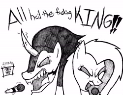 Size: 6536x5072 | Tagged: safe, artist:thethunderpony, character:fluttershy, character:king sombra, ship:sombrashy, absurd resolution, black and white, dialogue, duet, eyes closed, grayscale, metal, microphone, monochrome, piercing, shipping, singing, traditional art, vulgar