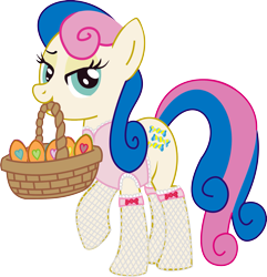 Size: 1835x1902 | Tagged: safe, artist:leopurofriki, character:bon bon, character:sweetie drops, species:earth pony, species:pony, basket, clothing, cutie mark, female, fishnets, hooves, looking at you, mare, mouth hold, simple background, socks, solo, stockings, transparent background