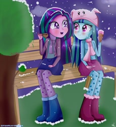 Size: 4000x4360 | Tagged: safe, artist:vixelzf, character:aria blaze, character:sonata dusk, ship:arisona, equestria girls:rainbow rocks, g4, my little pony: equestria girls, my little pony:equestria girls, absurd resolution, alternate hairstyle, ariabetes, bench, blushing, boots, clothing, cute, eye contact, female, friendship, hat, hot chocolate, lesbian, looking at each other, night, open mouth, scarf, shipping, sitting, skirt, smiling, snow, snow cone, snowfall, sonatabetes, tree, winter, winter outfit