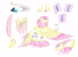 Size: 7014x5100 | Tagged: safe, artist:dawn22eagle, character:angel bunny, character:fluttershy, species:rabbit, absurd resolution, bat wings, element of kindness, fangs, feather, fluttershy's cutie mark, headcanon, tail feathers, wings