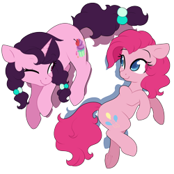 Size: 1280x1280 | Tagged: safe, artist:rue-willings, character:pinkie pie, character:sugar belle, species:earth pony, species:pony, species:unicorn, episode:the cutie map, g4, my little pony: friendship is magic, colored pupils, cute, diapinkes, eye clipping through hair, female, floppy ears, looking at each other, mare, one eye closed, simple background, smiling, sugarbetes, transparent background, underhoof, wink