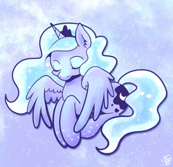 Size: 800x772 | Tagged: safe, artist:steveholt, character:princess luna, species:alicorn, species:pony, eyes closed, female, mare, prone, sleepy, solo, spread wings, three quarter view, wings