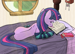 Size: 2000x1431 | Tagged: safe, artist:thattagen, character:twilight sparkle, character:twilight sparkle (unicorn), species:pony, species:unicorn, bed, book, clothing, female, lying on bed, mare, pocky, socks, sockypockytwi, solo, striped socks